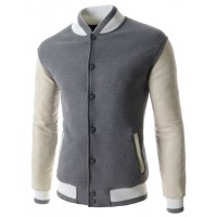 Men Grey Slim Fit Fashion Casual Jacket with Synthetic Leather Sleeves